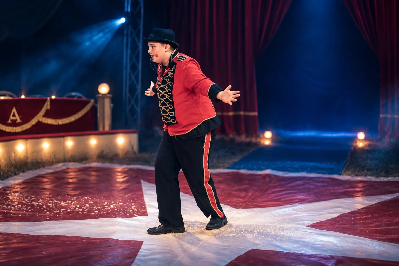 Junger Clown in roter Uniform begrüßt das Publikum in der Manege
